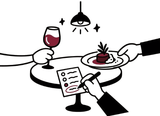 Ink sketch of a restaurant table with a glass of red, a plated dish and a waiter's order pad