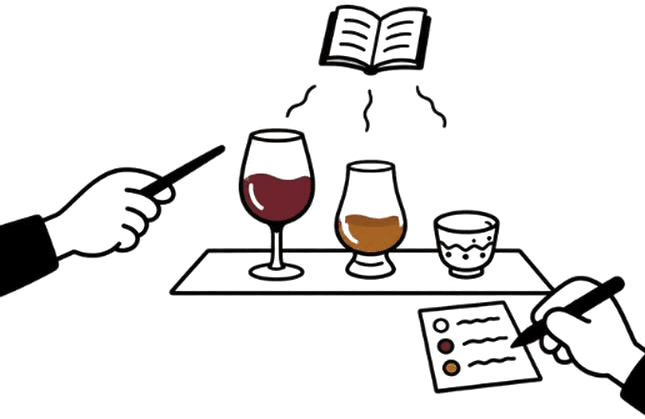 Ink sketch of a tasting flight: red wine, whisky and sake, with a hand taking notes