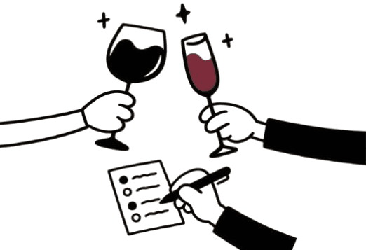 Ink sketch of two hands clinking glasses of red wine while a third takes tasting notes