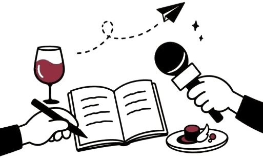 Ink sketch of an open notebook, a microphone and a paper plane