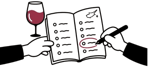 Ink sketch of an open wine list with a map of Cyprus and a pen circling a bottle